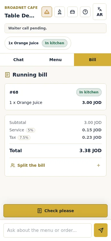 Real screenshot: the guest’s live bill with service charge and tax.