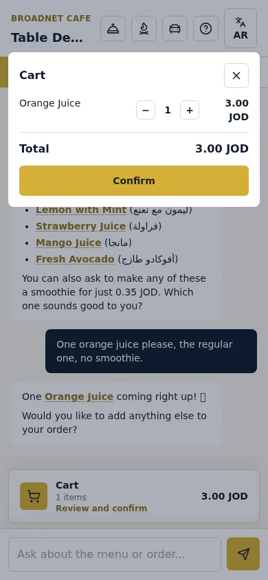 WaiterPilot cart on a phone showing one orange juice at 3.00 JOD, a total and a Confirm button.