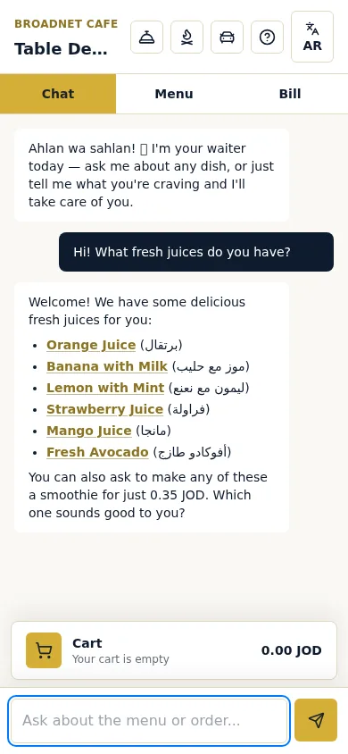 WaiterPilot guest chat on a phone: the guest asks what fresh juices there are; the reply lists six juices from the menu with their Arabic names alongside, and offers to make any of them a smoothie for 0.35 JOD.