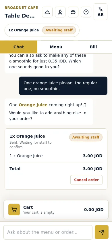 WaiterPilot guest order card showing one orange juice with the status Awaiting staff, the note Sent. Waiting for staff to confirm, and a Cancel order button.
