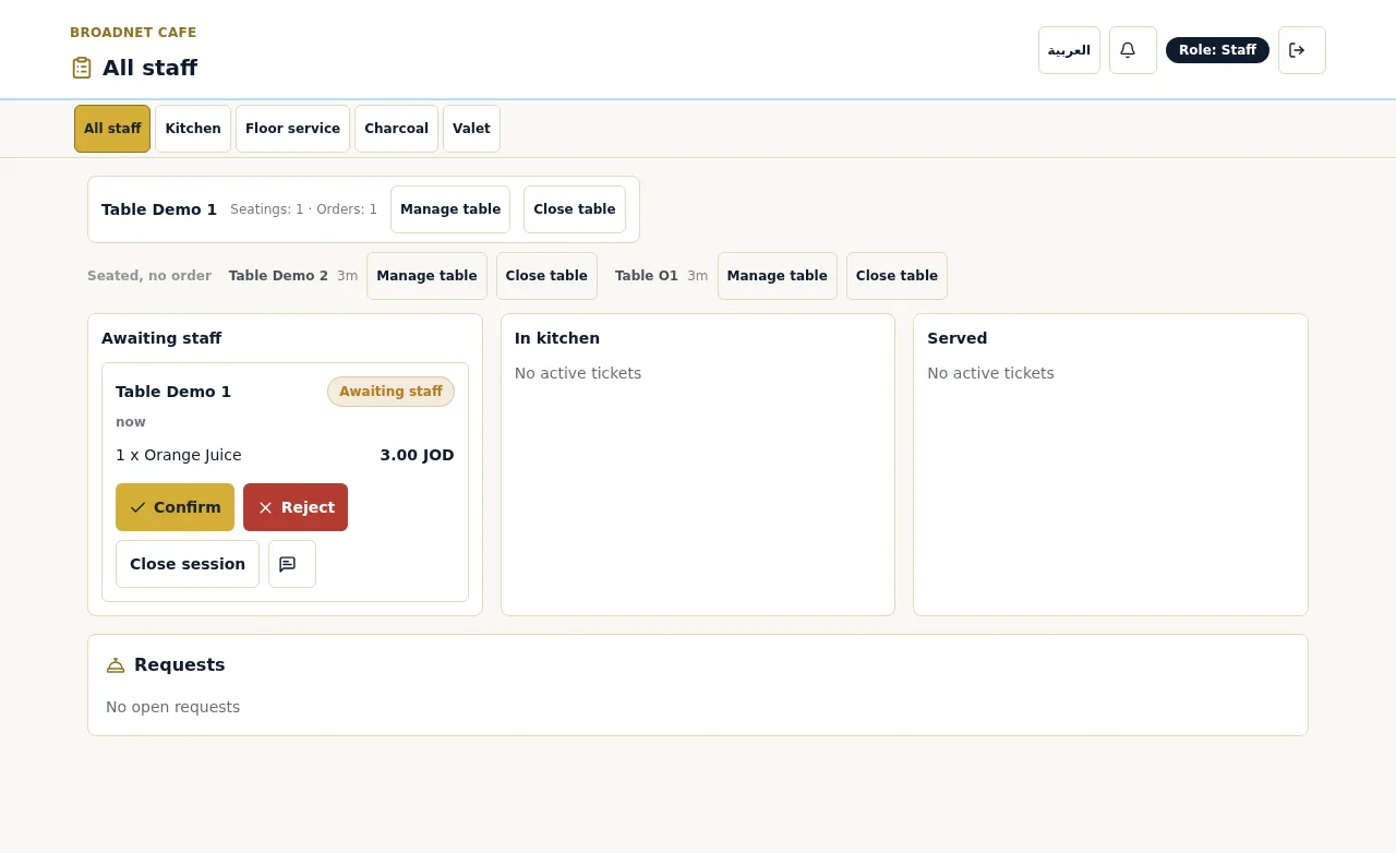 WaiterPilot staff board, All staff tab: one orange juice from Table Demo 1 in the Awaiting staff column with Confirm and Reject buttons; station tabs All staff, Kitchen, Floor service, Charcoal and Valet.